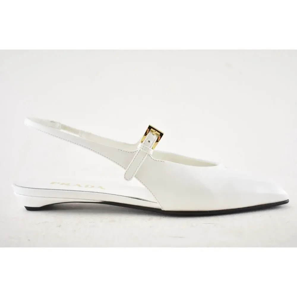 Prada White Leather Square Toe Mary Jane Slingback Ballerina Ballet Flat 37.5 - Picture 2 of 16